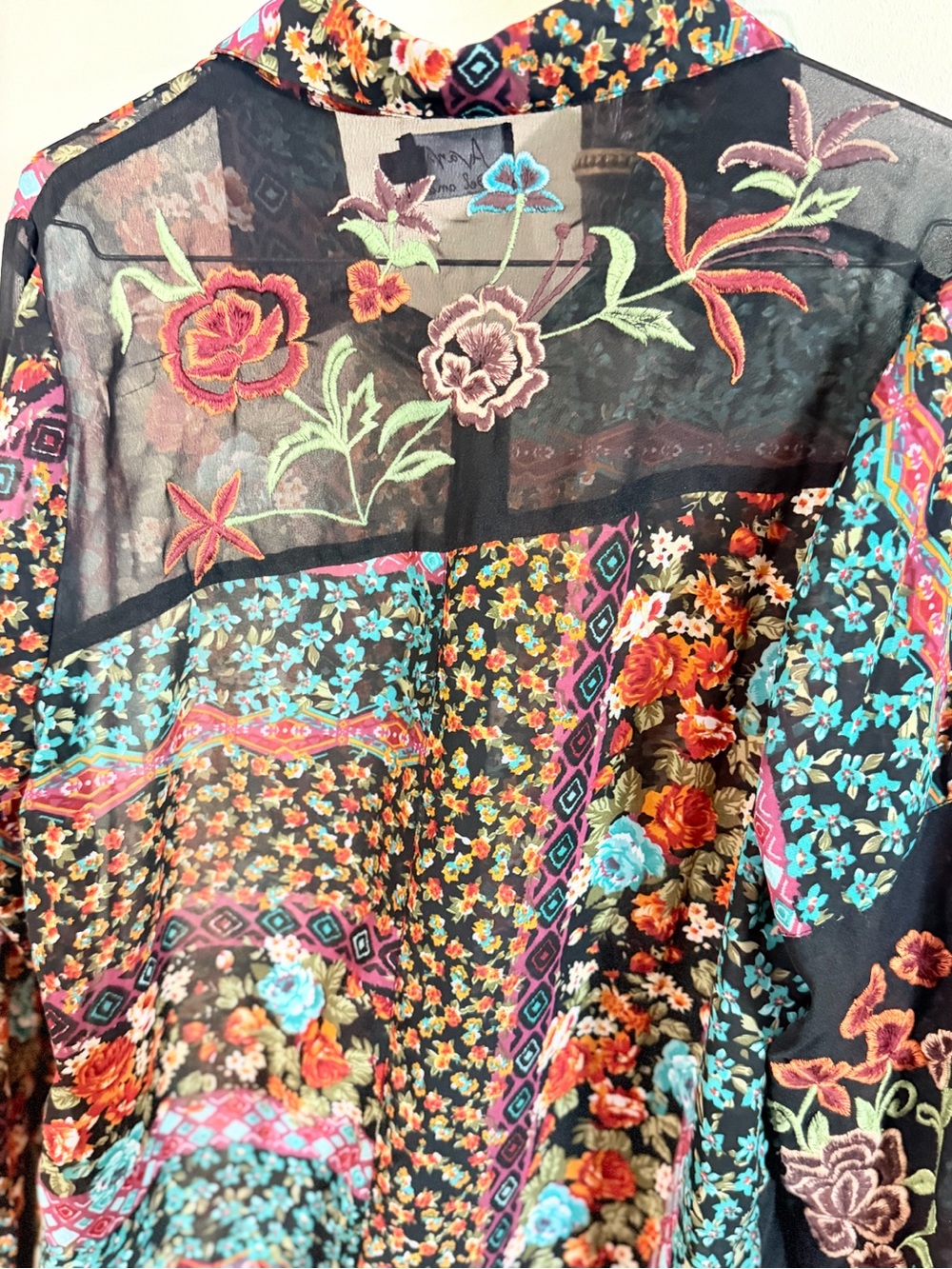 Avani Del Amour Embroidered Sheer Patchwork Floral Tunic Blouse Boho Artsy - Picture 7 of 13